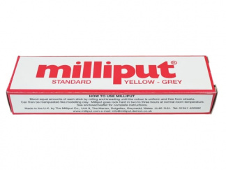 Milliput Standard Epoxy Putty sets to a dark yellow colour and is used for military, railway, farm and ship modelling