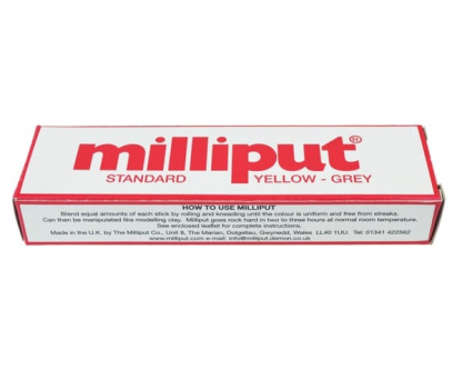 Milliput Standard Epoxy Putty sets to a dark yellow colour and is used for military, railway, farm and ship modelling