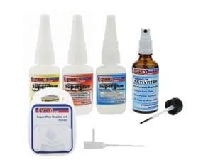 The Sylmasta Superglue Kit contains three different grades of Superglue and Activator for speeding up the bonding process in a range of tasks