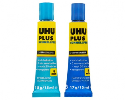 UHU Plus Schnellfest is a high strength two-part epoxy resin adhesive with a fast working time of 5 minutes which is effective on most materials
