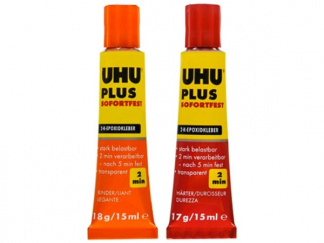 UHU Plus Sofortfest is a two-part epoxy resin adhesive with an extra fast working time of 2 minutes which bonds to virtually every material