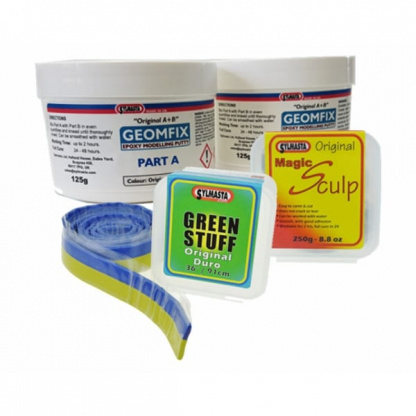 The Modelling Putty Kit contains Green Stuff, Magic Sculp and Geomfix A+B Original for use in a range of model making and sculpting tasks