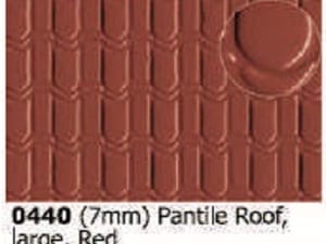 Slater's Plastikard 0440 is plasticard featuring Pnatile Roof Red pattern for 7mm scale