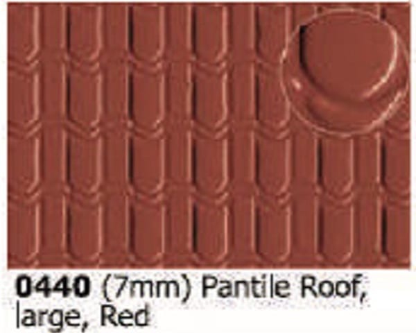 Slater's Plastikard 0440 is plasticard featuring Pnatile Roof Red pattern for 7mm scale