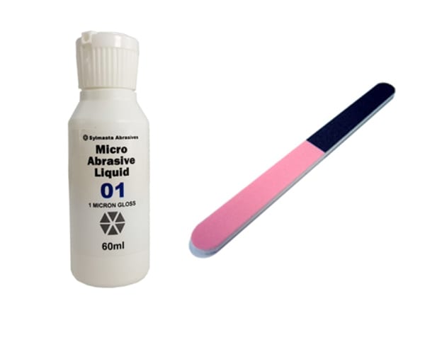 Sylmasta Micro Abrasive Liquid Gloss and a 4-Way Flexi-File can be used to polish resin and bring surfaces of plastic, metal, acrylic, soft wood, paint and other materials to an ulta-smooth finish