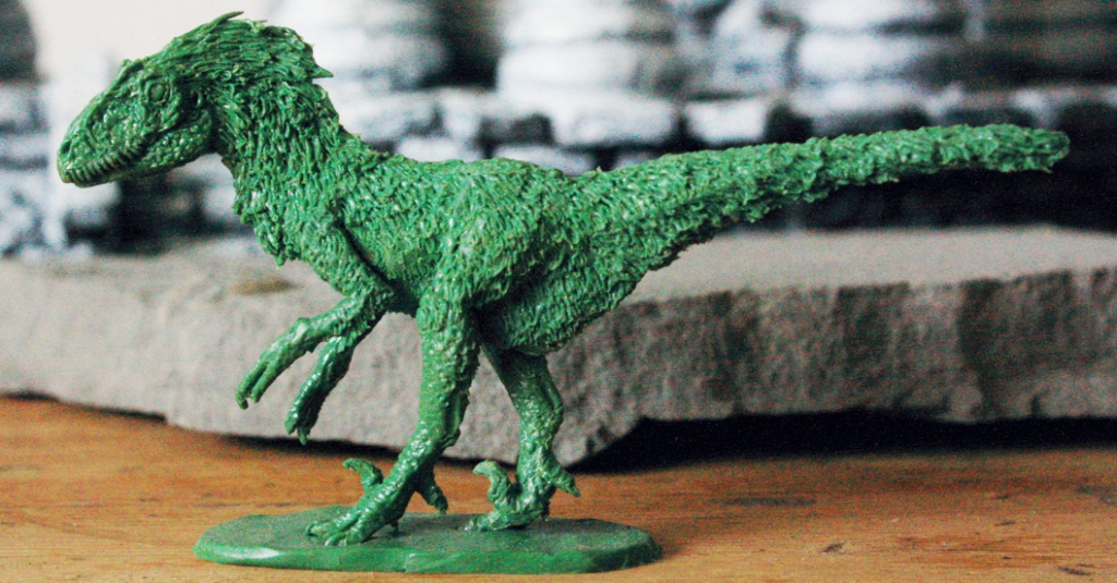 Deinonychus dinosaur models sculpted from Green Stuff