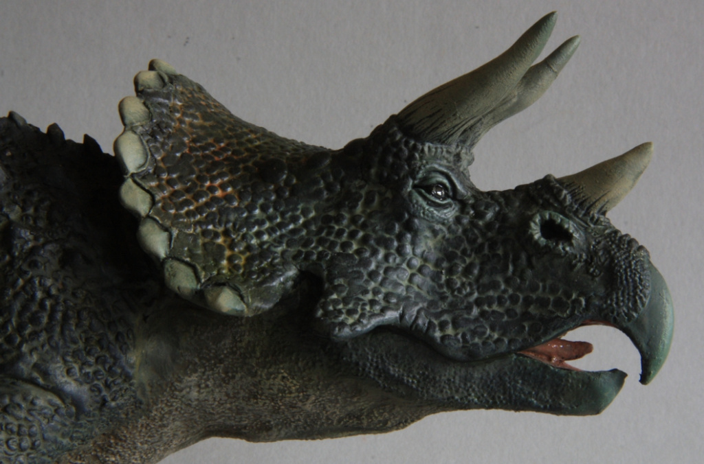 Head of Triceratops sculpted in 1/48th scale using Green Stuff as part of a dinosaur models project 