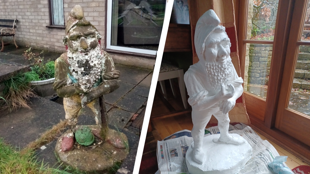 Geomfix Original Epoxy Modelling Putty used in the restoration of a 90-year-old garden gnome
