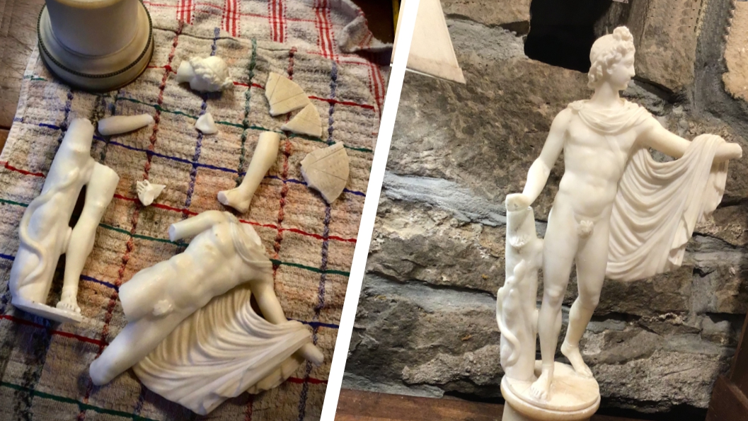 Broken Antique alabaster sculpture having undergone repair using Hxtal NYL-1 Epoxy Adhesive after being accidentally smashed